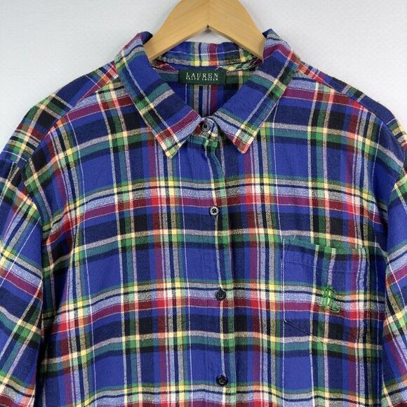 Lauren Ralph‎ Lauren Flannel Shirt Womens 3XL Blue Red Green  Plaid LRL Logo - Picture 2 of 9
